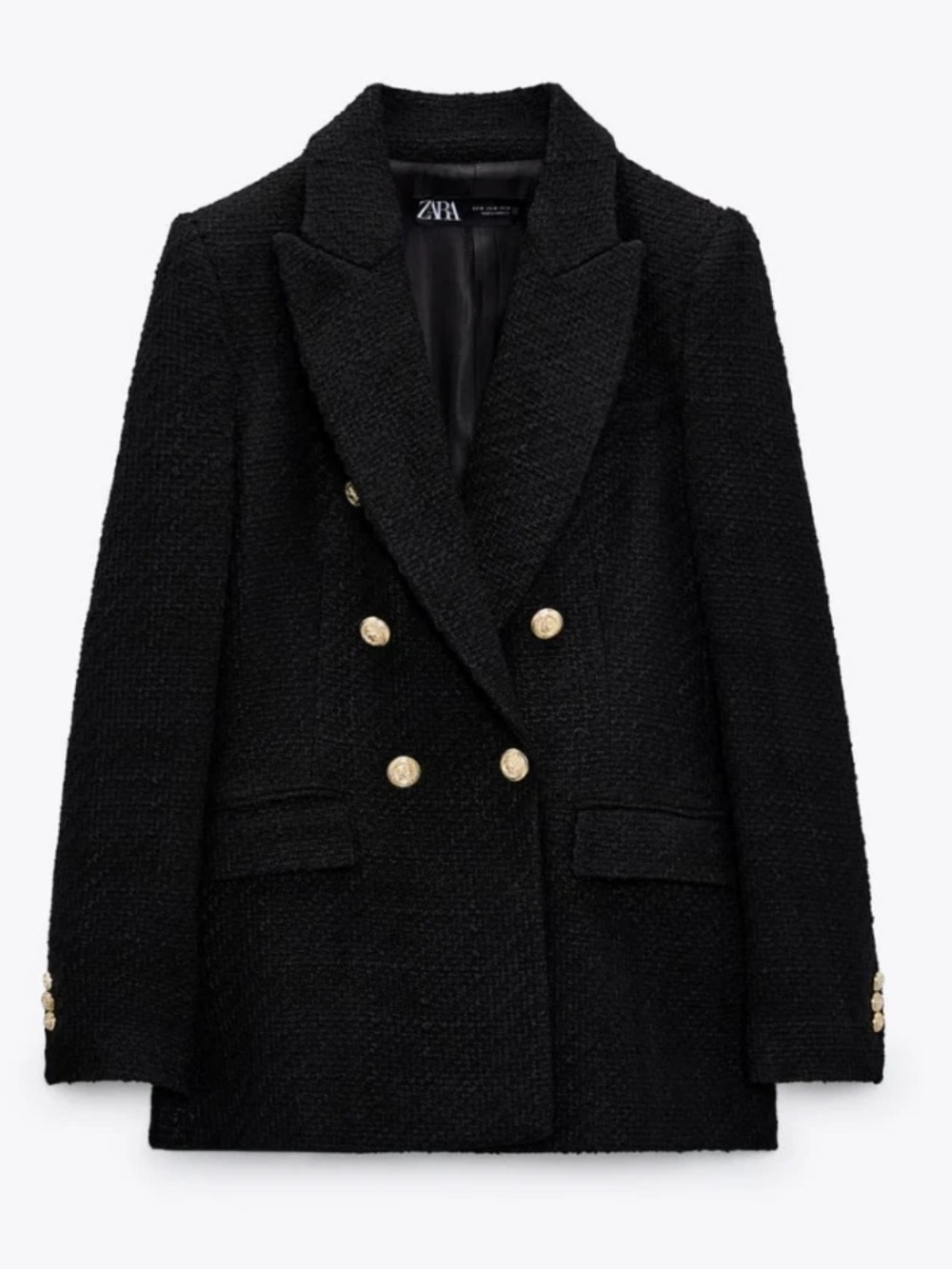Zara Textured Double-Breasted Tweed Blazer XS | Black Gold Button Jacket